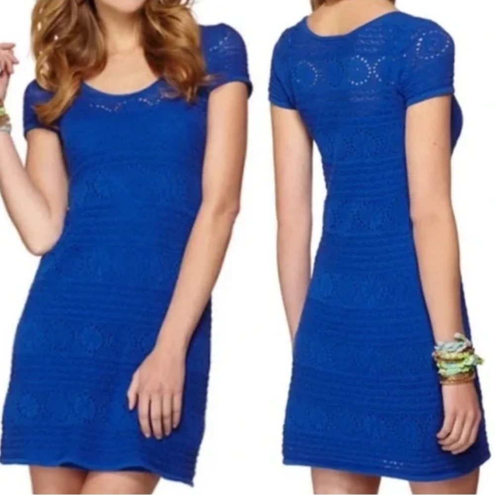 Lilly Pulitzer Royal Blue Dress Crochet Cotton Scoop Neck  Short Sleeve Sz S NEW